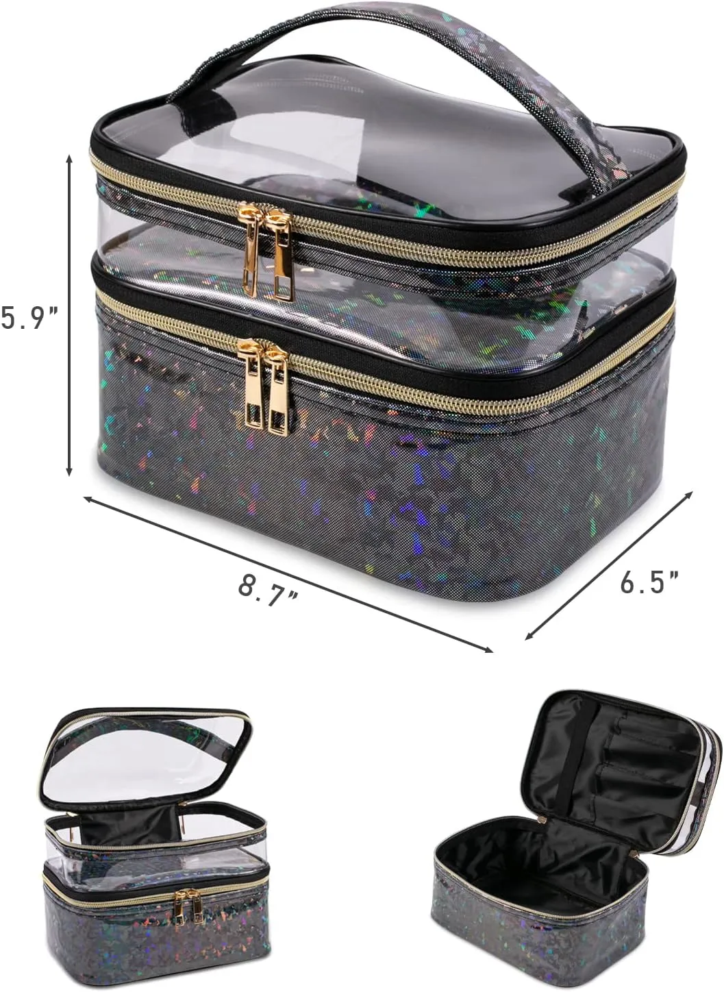 Double-layer Makeup Bag Cosmetic Bag Travel Makeup Cases Organizer Toiletry Bag Gift for Women, Portable Waterproof (Black)