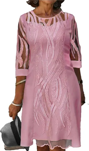 Elegant Midi Dress for Womens Long Sleeve Net Yarn Embroidered Long Dress Formal Crew Neck Mother of The Bride Dress
