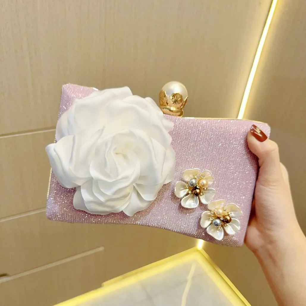 Floral Glitter Evening Bag for Women Beaded Clutch Purses Elegant Pearl Crossbody Shoulder Bag for Wedding, Prom, Party
