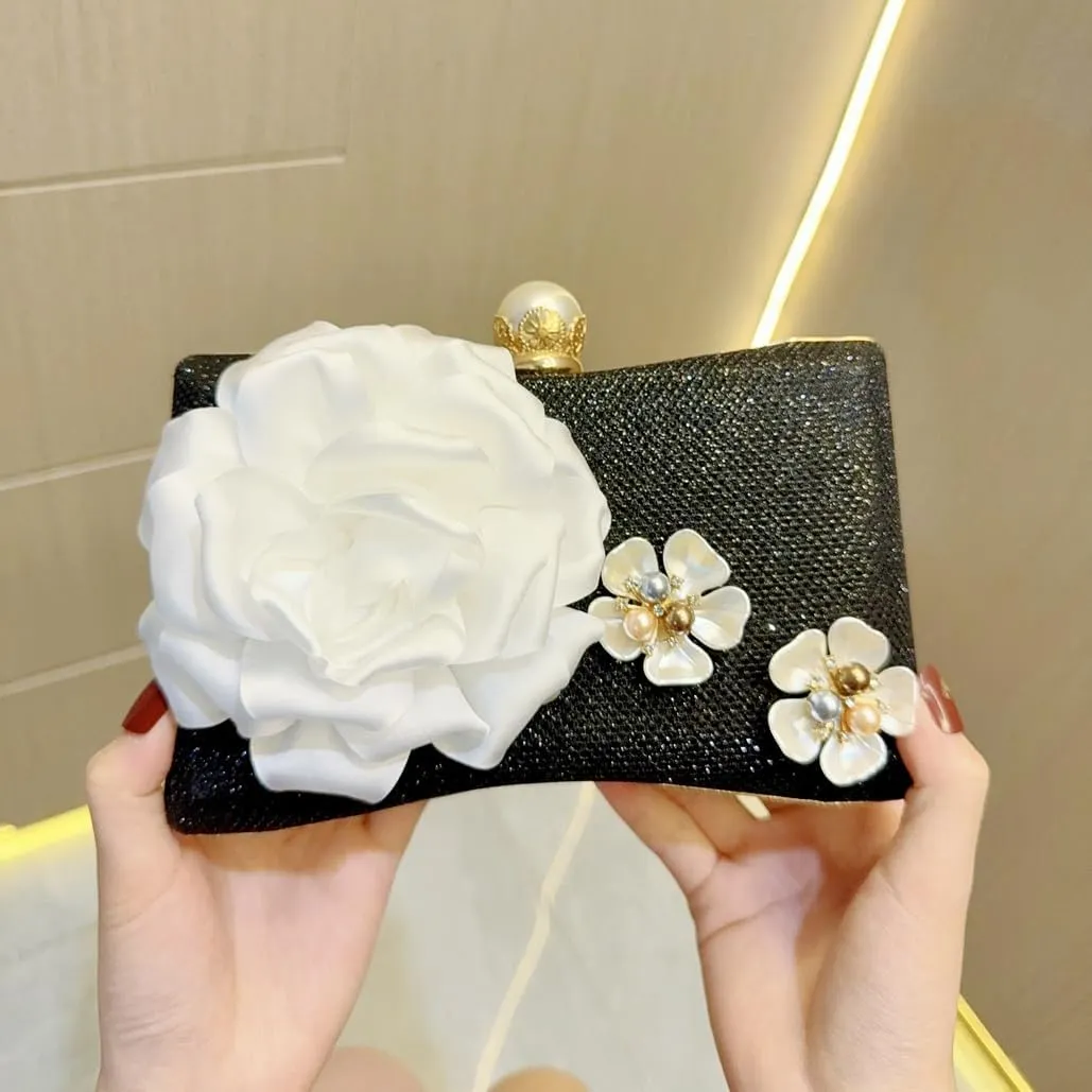 Floral Glitter Evening Bag for Women Beaded Clutch Purses Elegant Pearl Crossbody Shoulder Bag for Wedding, Prom, Party