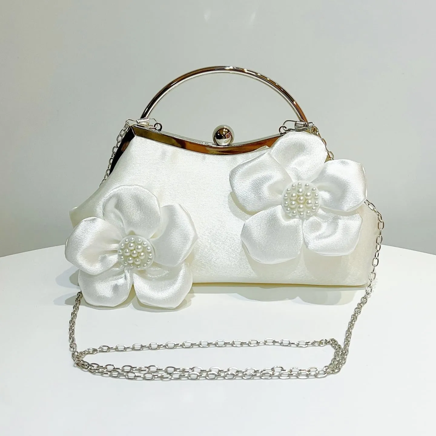 Floral Satin Evening Bag for Women Elegant Clutch Purses Crossbody Shoulder Bag for Wedding, Prom, Party Detachable Chain