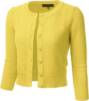 FLORIA Women's Button Down 3/4 Sleeve Crew Neck Cotton Knit Cropped Cardigan Sweater (S-3X)