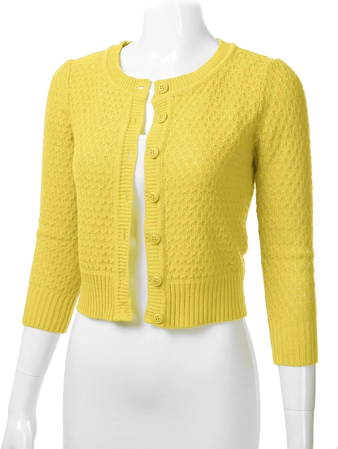 FLORIA Women's Button Down 3/4 Sleeve Crew Neck Cotton Knit Cropped Cardigan Sweater (S-3X)