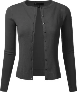 FLORIA Women's Slim Fit Long Sleeve Button Down Crew Neck Knit Cardigan Sweater