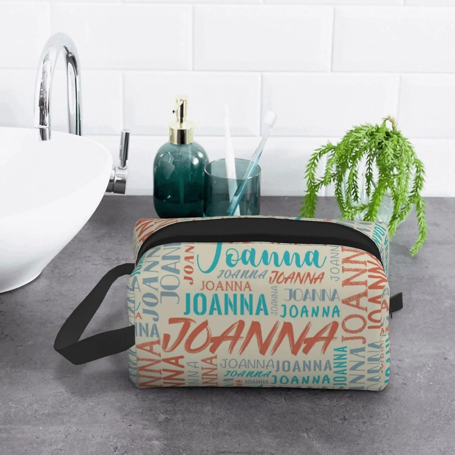 Husguciy Custom Makeup Bag with Name, Personalized Cosmetic Bag Add Your Name, Customized Zipper Toiletry Bag Gifts for Woman Wife Girls Men Travel (Beige)