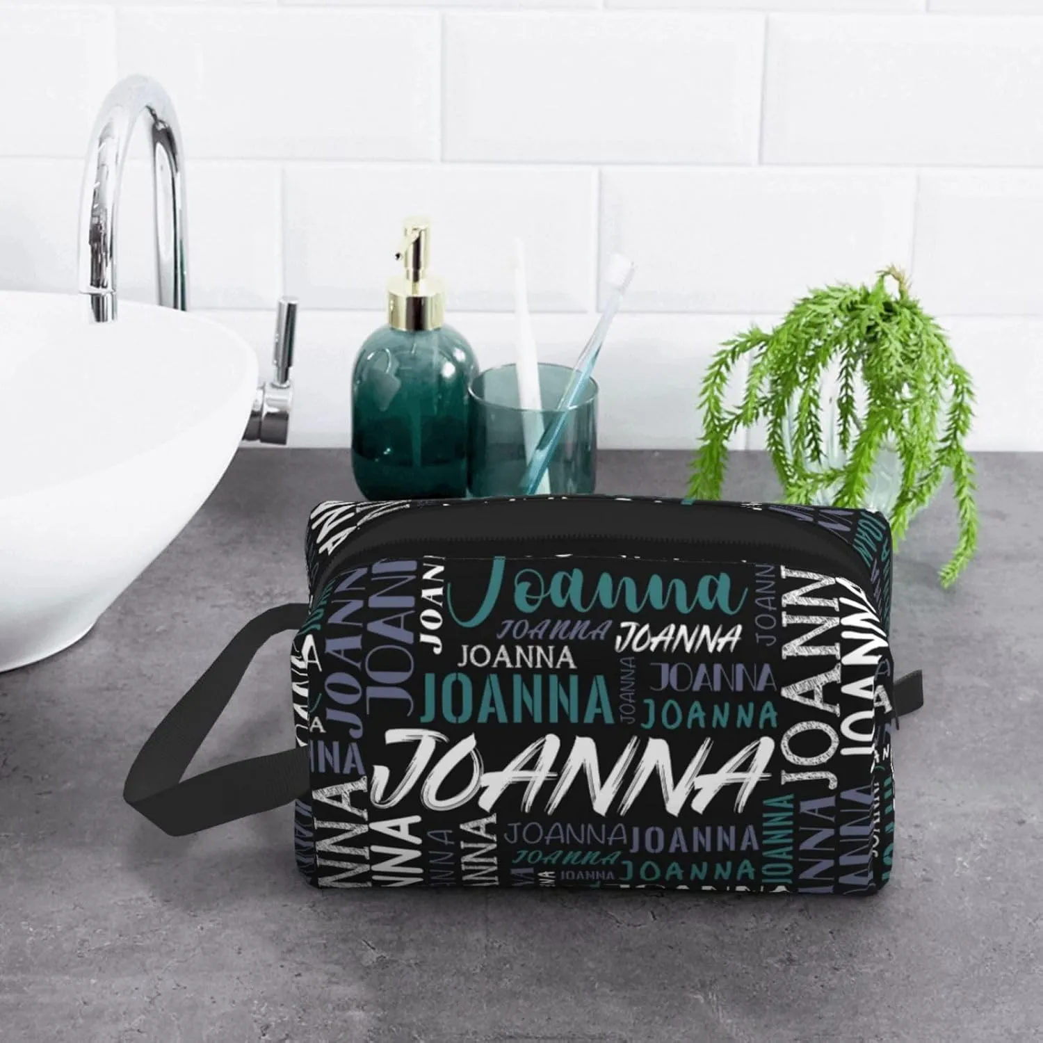 Husguciy Custom Makeup Bag with Name, Personalized Cosmetic Bag Add Your Name, Customized Zipper Toiletry Bag Gifts for Woman Wife Girls Men Travel (Black Green)