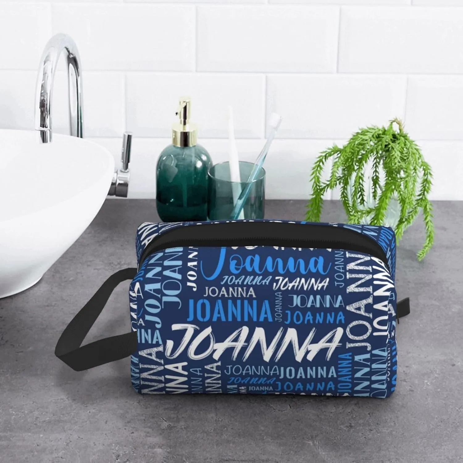 Husguciy Custom Makeup Bag with Name, Personalized Cosmetic Bag Add Your Name, Customized Zipper Toiletry Bag Gifts for Woman Wife Girls Men Travel (Blue)