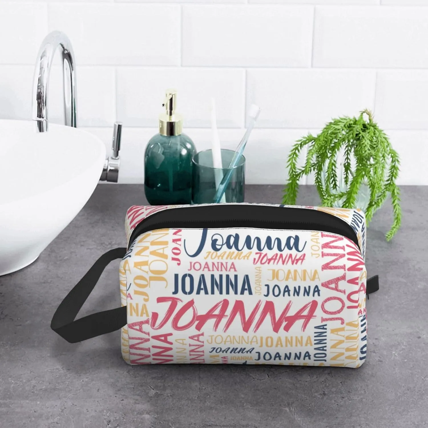 Husguciy Custom Makeup Bag with Name, Personalized Cosmetic Bag Add Your Name, Customized Zipper Toiletry Bag Gifts for Woman Wife Girls Men Travel (White)