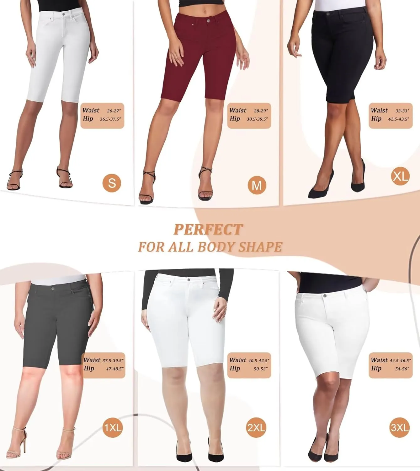 Hybrid & Company Women's Ultra Stretch Perfectly Shaping Mid Rise Skinny Bermuda Shorts with Pockets