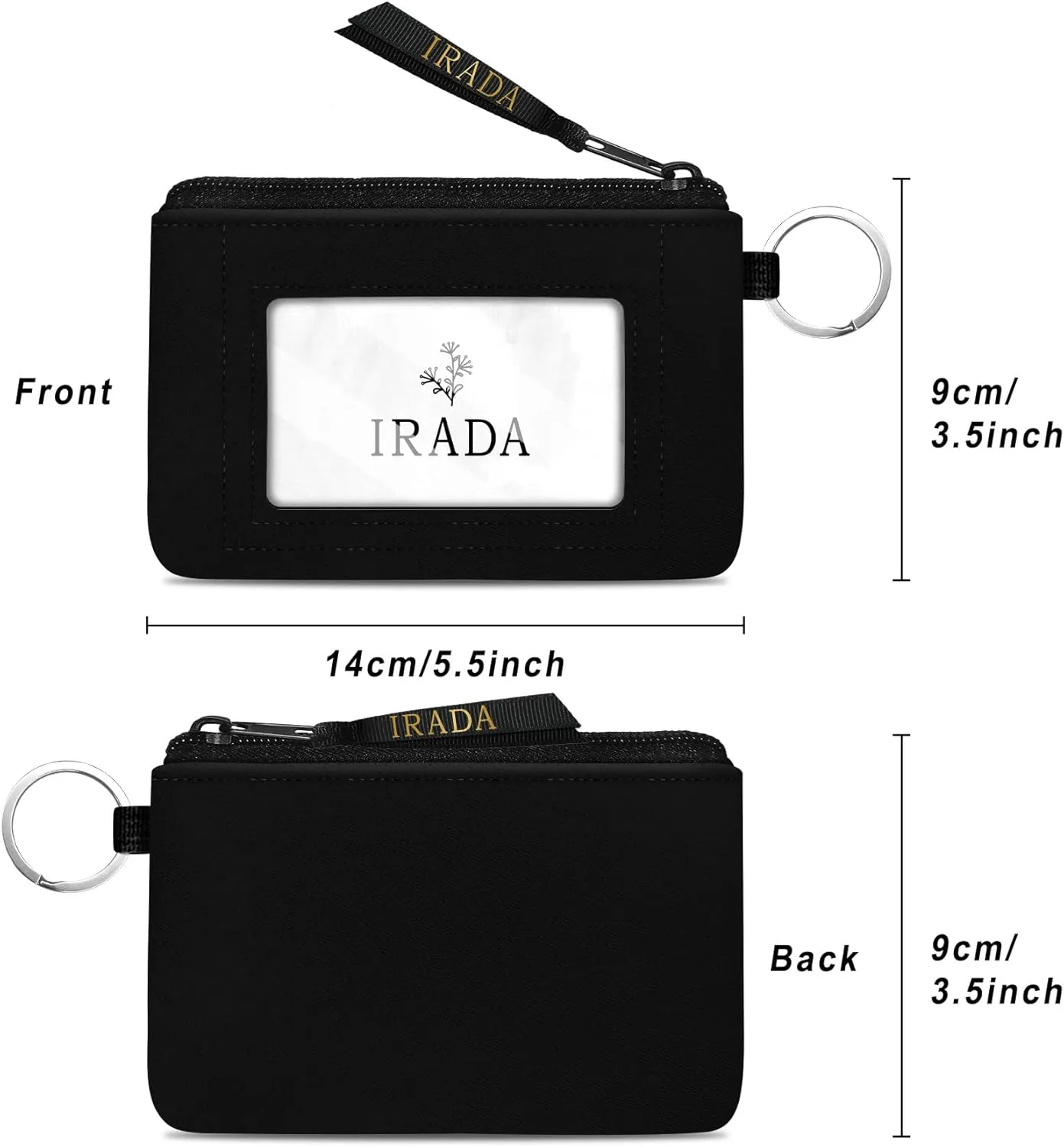 IRADA ID Case Wallet Keychain with Clear ID Window Zipper Cute Coin Purse for Women Water Resistant Small Coin Pouch-Black Keychain Wallet