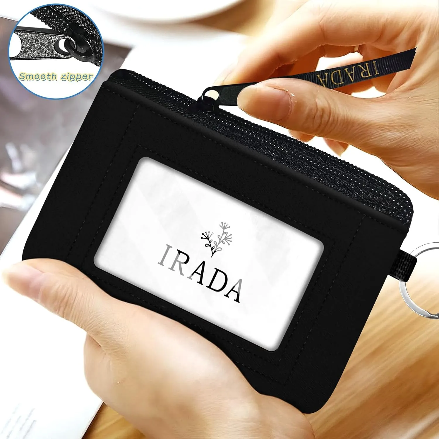 IRADA ID Case Wallet Keychain with Clear ID Window Zipper Cute Coin Purse for Women Water Resistant Small Coin Pouch-Black Keychain Wallet