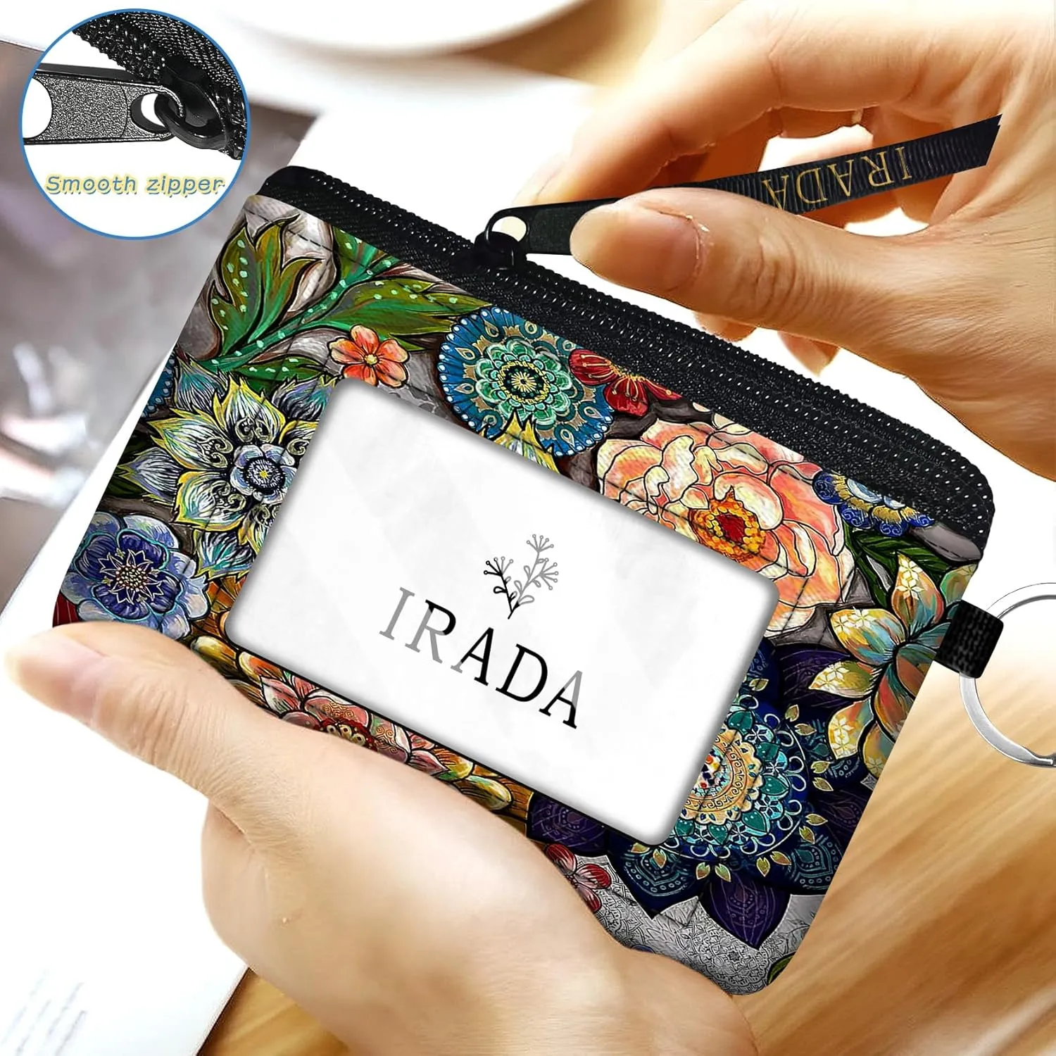 IRADA ID Case Wallet Keychain with Clear ID Window Zipper Cute Coin Purse for Women Water Resistant Small Coin Pouch-Boho Floral Keychain Wallet