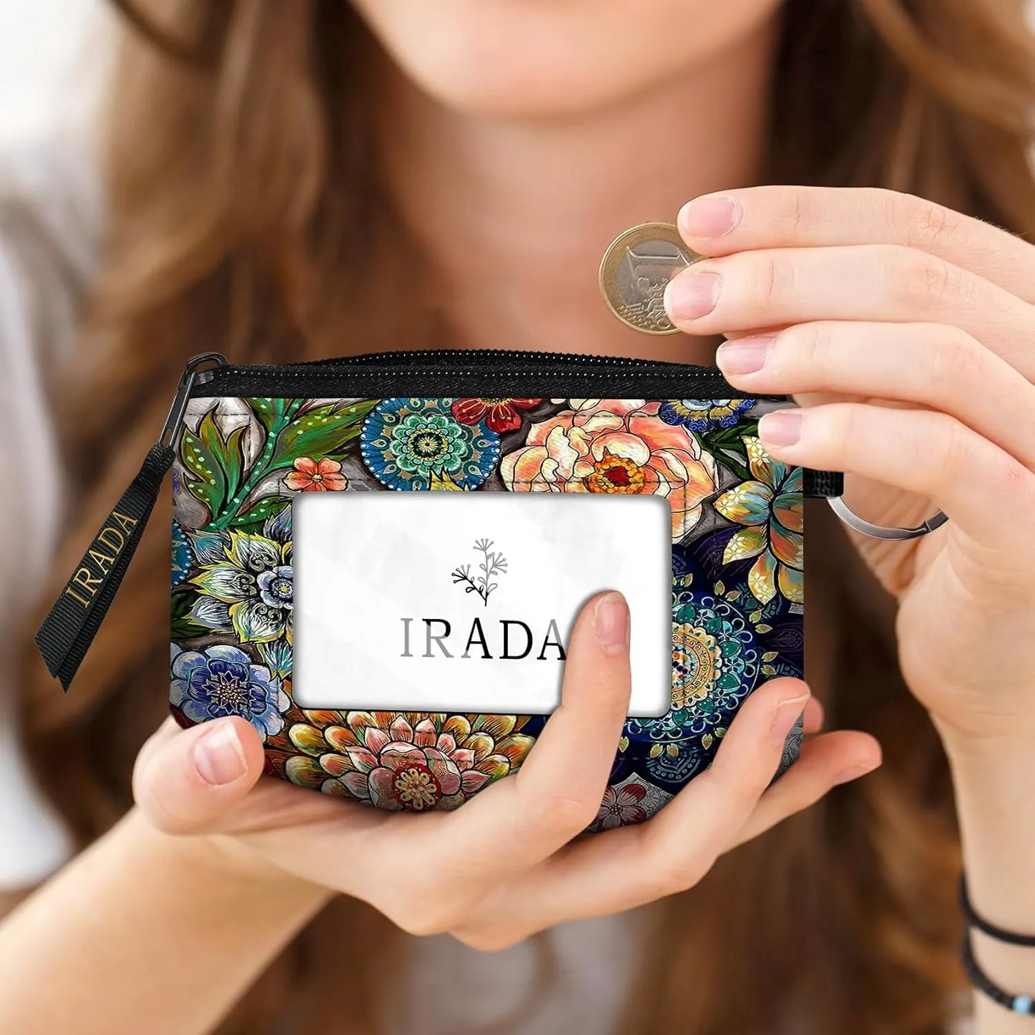 IRADA ID Case Wallet Keychain with Clear ID Window Zipper Cute Coin Purse for Women Water Resistant Small Coin Pouch-Boho Floral Keychain Wallet