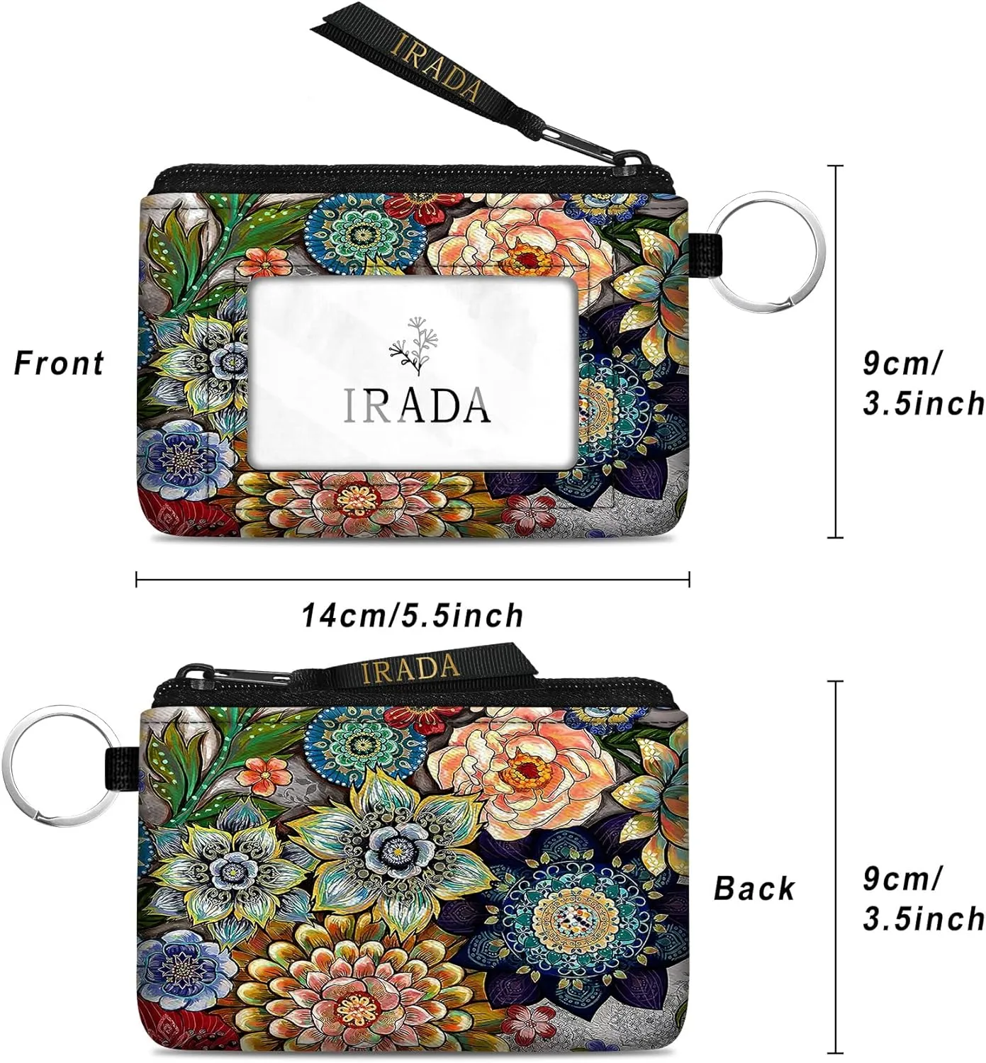 IRADA ID Case Wallet Keychain with Clear ID Window Zipper Cute Coin Purse for Women Water Resistant Small Coin Pouch-Boho Floral Keychain Wallet