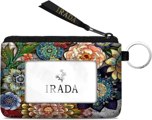 IRADA ID Case Wallet Keychain with Clear ID Window Zipper Cute Coin Purse for Women Water Resistant Small Coin Pouch-Boho Floral Keychain Wallet
