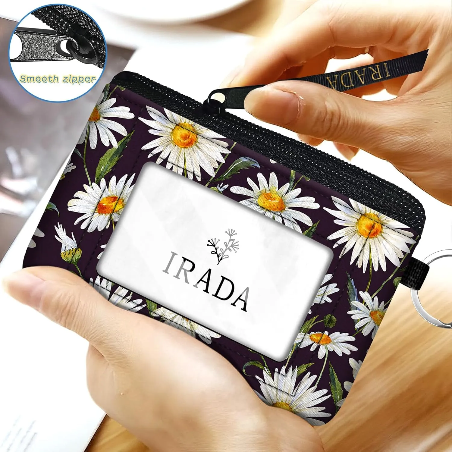 IRADA ID Case Wallet Keychain with Clear ID Window Zipper Cute Coin Purse for Women Water Resistant Small Coin Pouch-Daisy Keychain Wallet