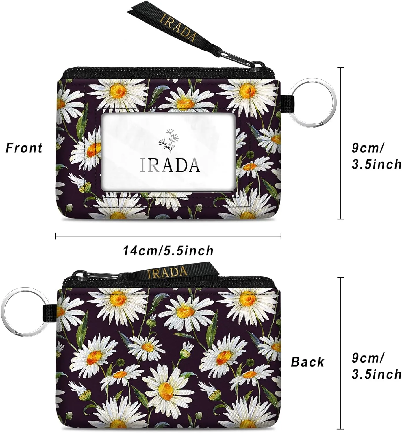 IRADA ID Case Wallet Keychain with Clear ID Window Zipper Cute Coin Purse for Women Water Resistant Small Coin Pouch-Daisy Keychain Wallet