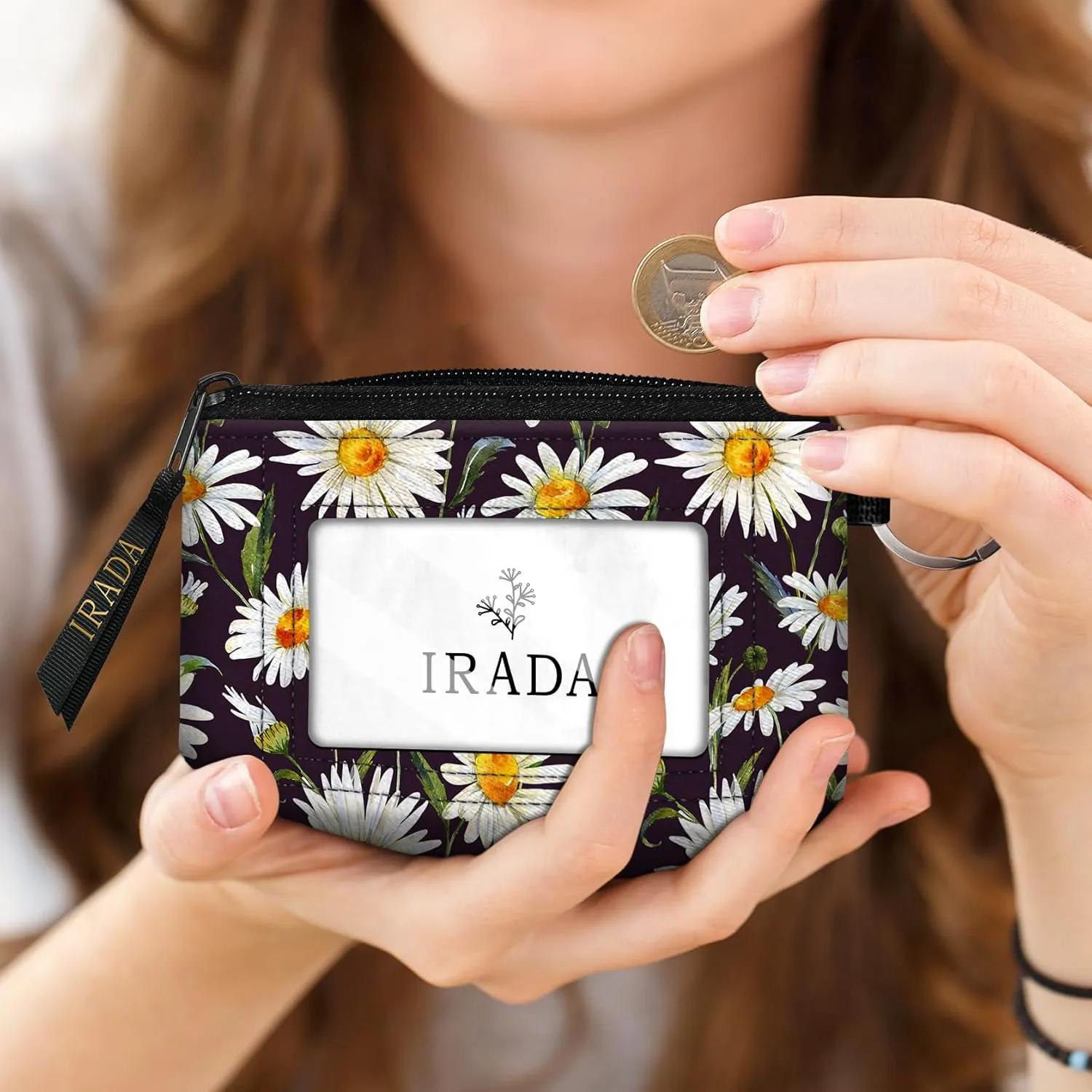 IRADA ID Case Wallet Keychain with Clear ID Window Zipper Cute Coin Purse for Women Water Resistant Small Coin Pouch-Daisy Keychain Wallet