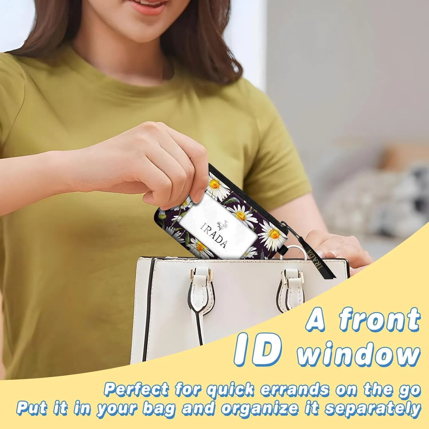 IRADA ID Case Wallet Keychain with Clear ID Window Zipper Cute Coin Purse for Women Water Resistant Small Coin Pouch-Daisy Keychain Wallet