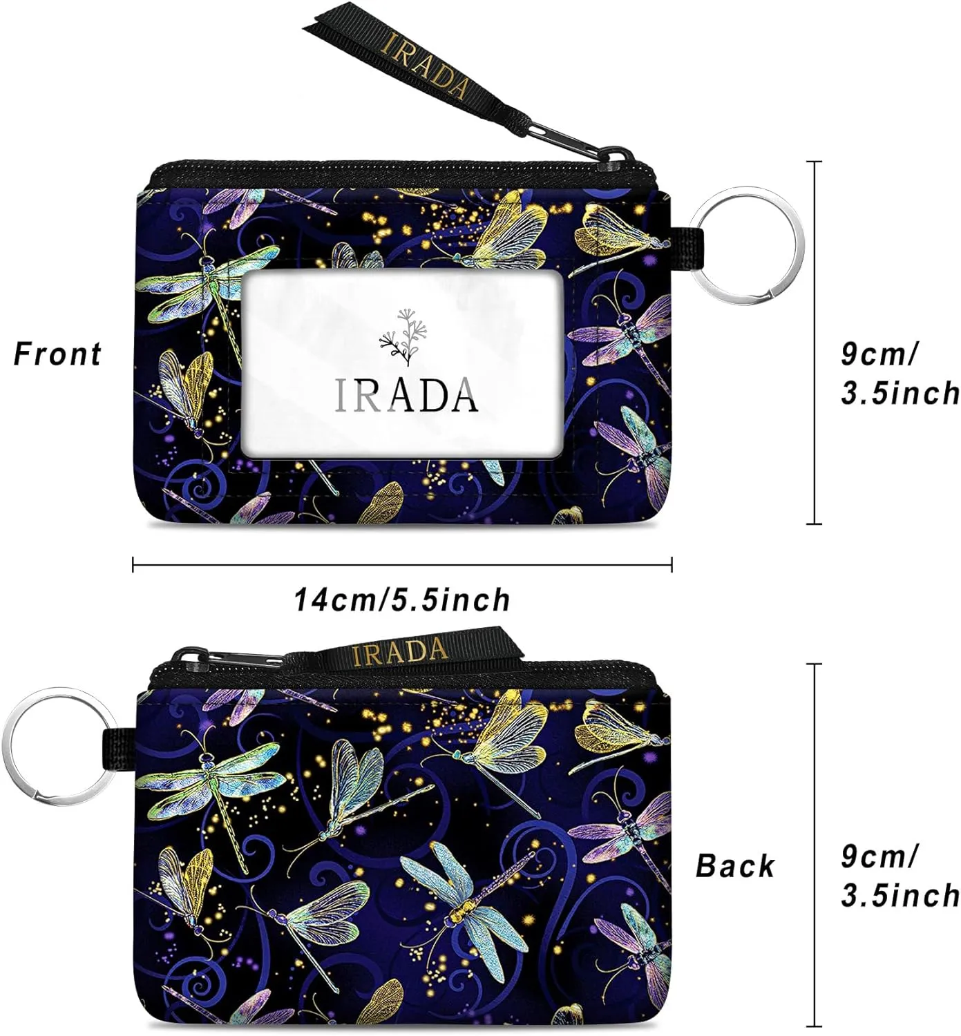 IRADA ID Case Wallet Keychain with Clear ID Window Zipper Cute Coin Purse for Women Water Resistant Small Coin Pouch-Dragonfly Keychain Wallet