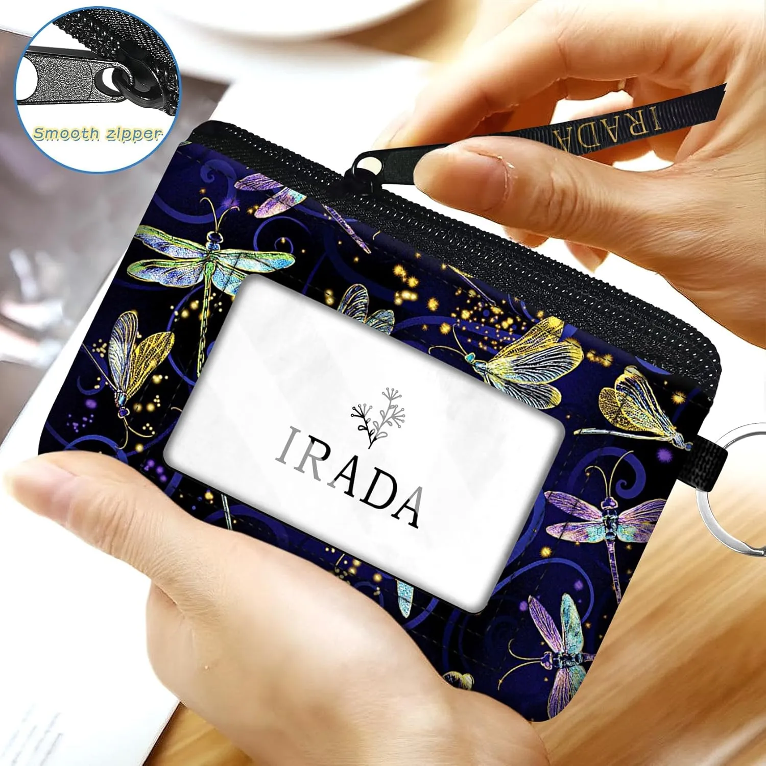 IRADA ID Case Wallet Keychain with Clear ID Window Zipper Cute Coin Purse for Women Water Resistant Small Coin Pouch-Dragonfly Keychain Wallet