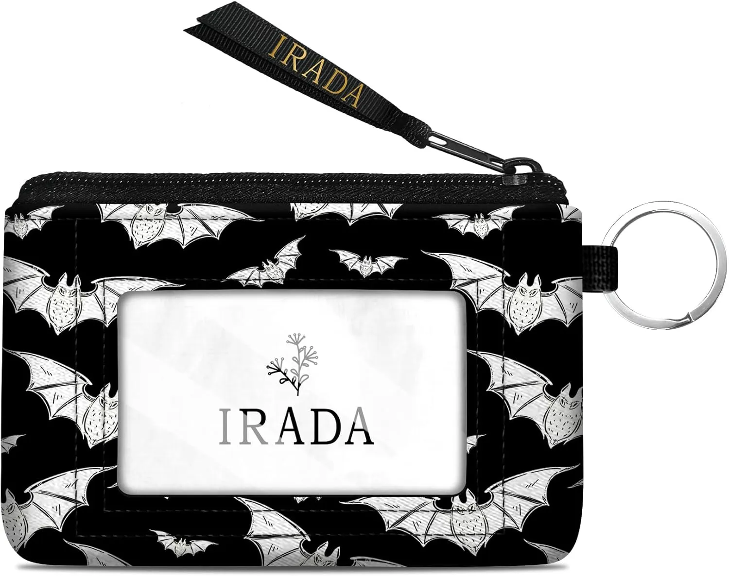 IRADA ID Case Wallet Keychain with Clear ID Window Zipper Cute Coin Purse for Women Water Resistant Small Coin Pouch-Halloween Bat Keychain Wallet