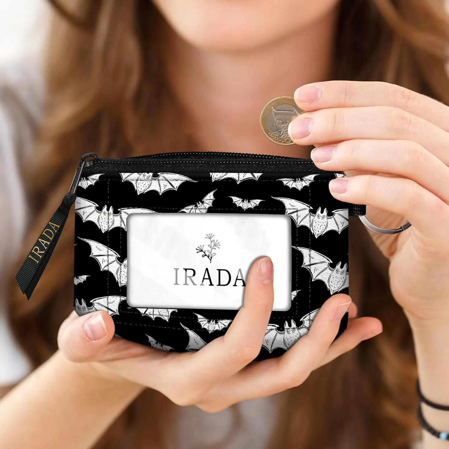 IRADA ID Case Wallet Keychain with Clear ID Window Zipper Cute Coin Purse for Women Water Resistant Small Coin Pouch-Halloween Bat Keychain Wallet