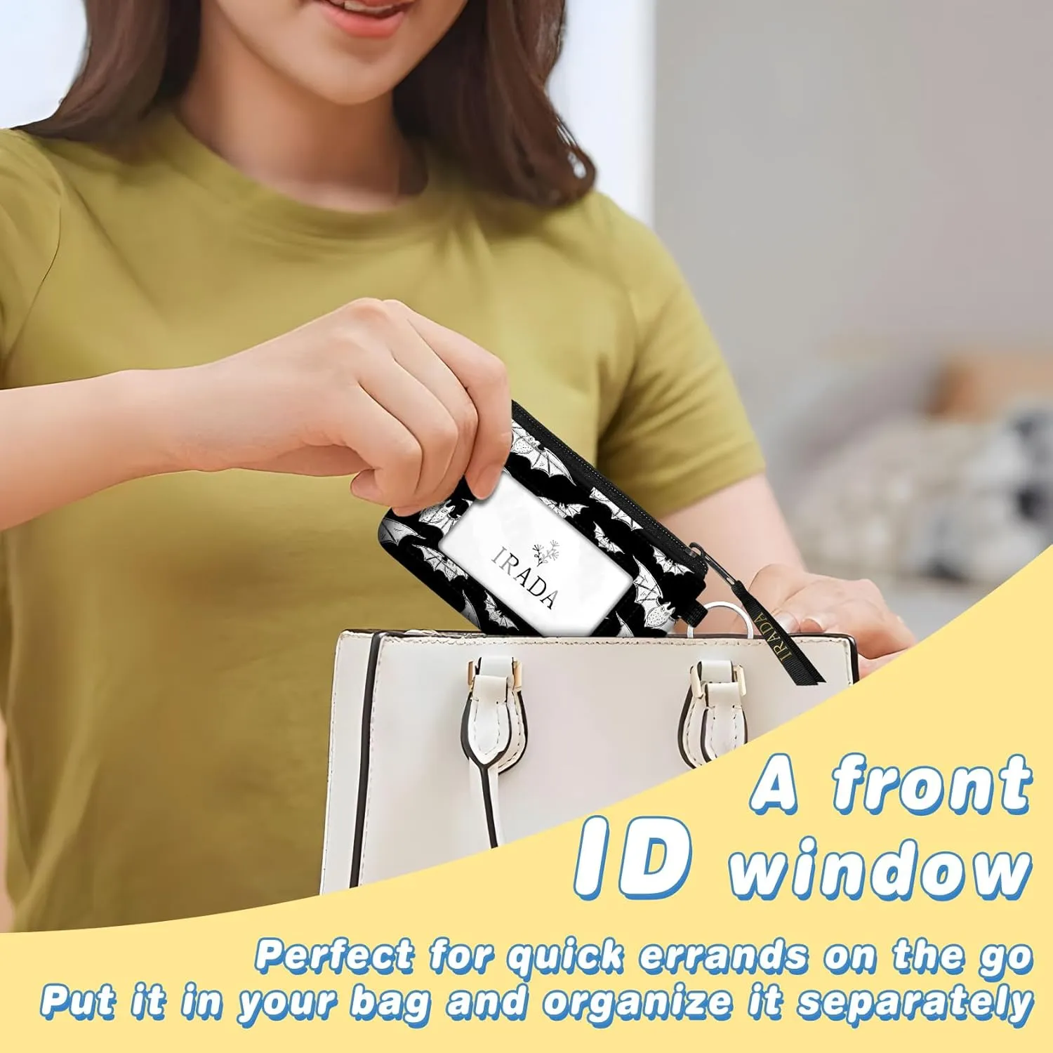 IRADA ID Case Wallet Keychain with Clear ID Window Zipper Cute Coin Purse for Women Water Resistant Small Coin Pouch-Halloween Bat Keychain Wallet