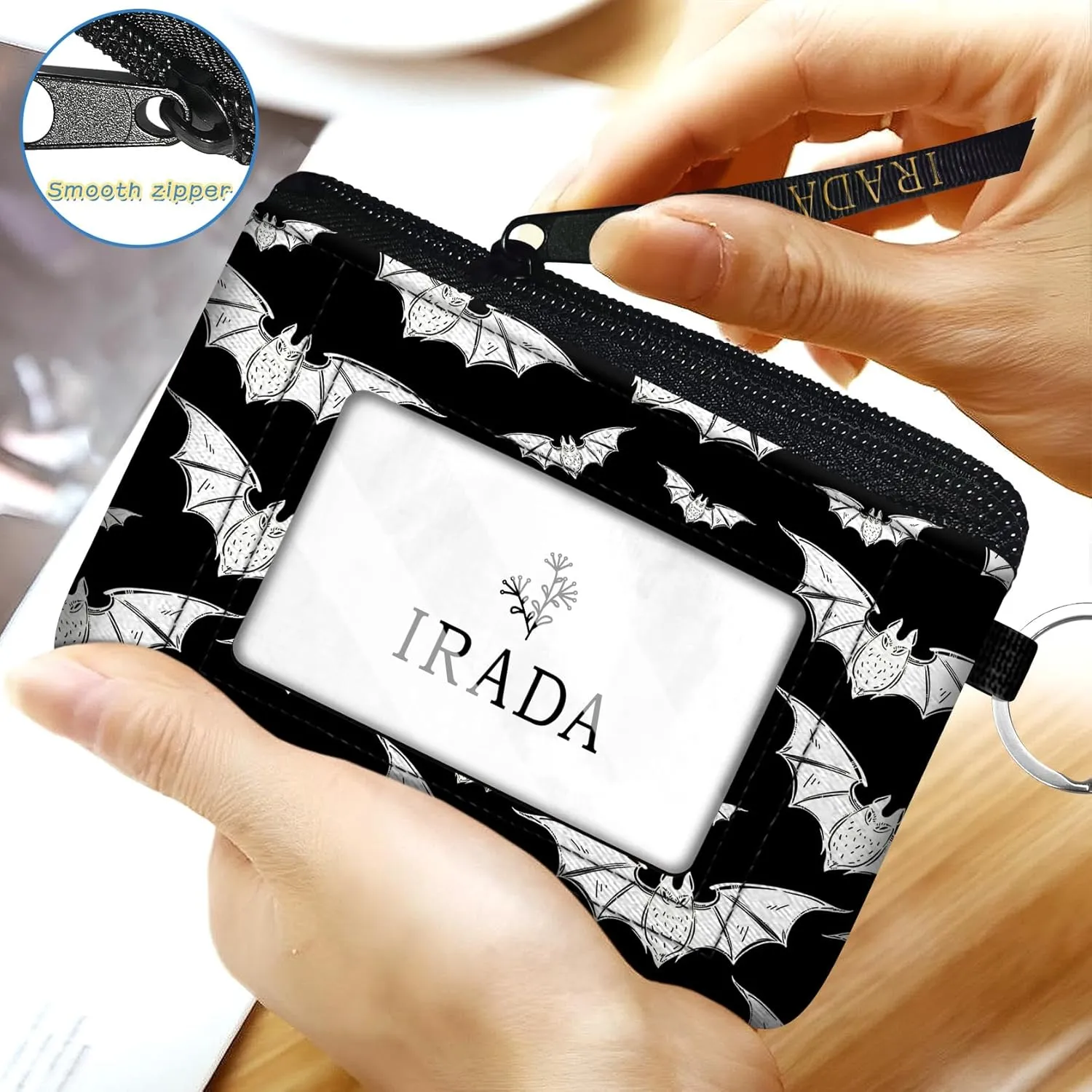 IRADA ID Case Wallet Keychain with Clear ID Window Zipper Cute Coin Purse for Women Water Resistant Small Coin Pouch-Halloween Bat Keychain Wallet