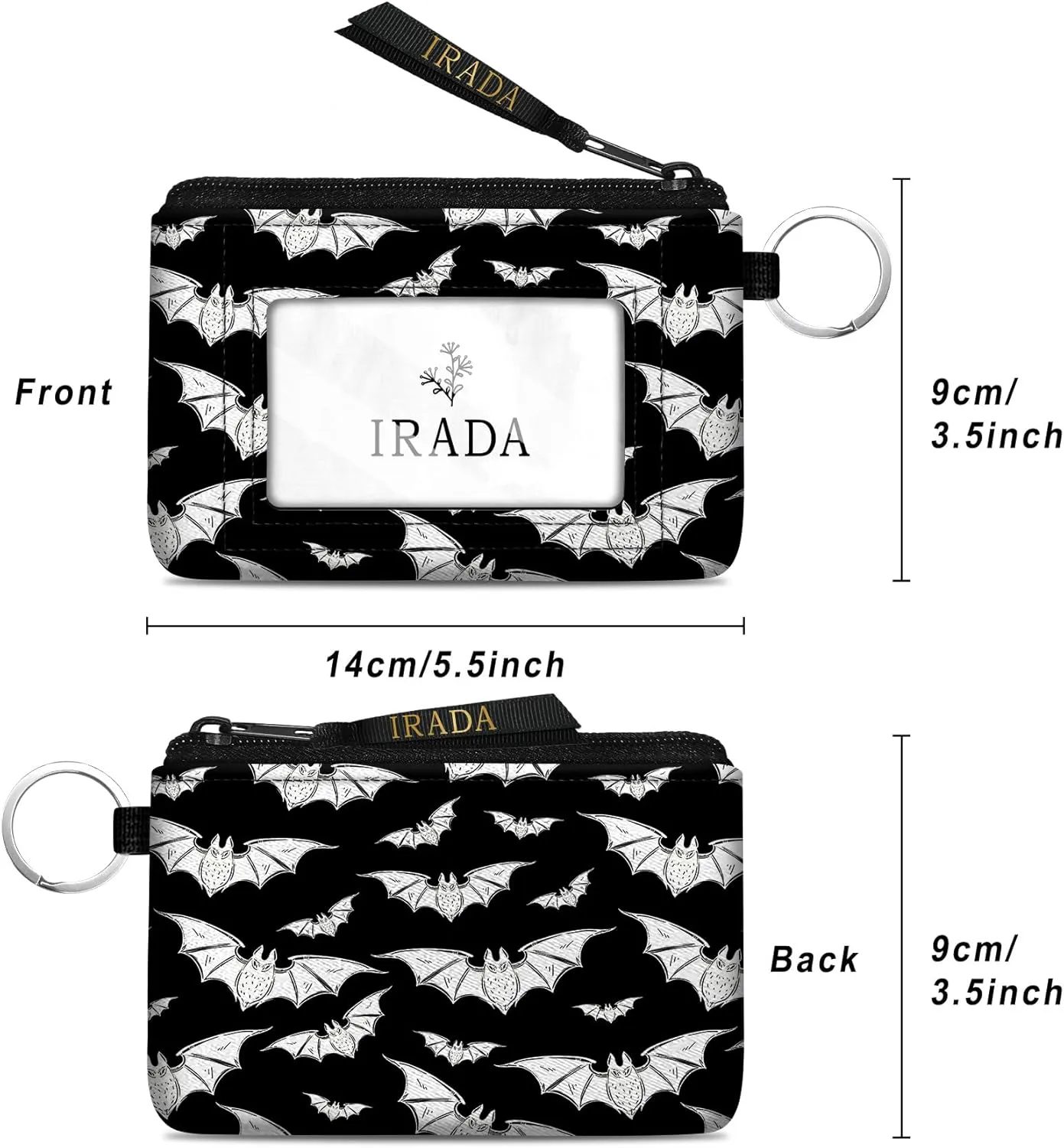 IRADA ID Case Wallet Keychain with Clear ID Window Zipper Cute Coin Purse for Women Water Resistant Small Coin Pouch-Halloween Bat Keychain Wallet