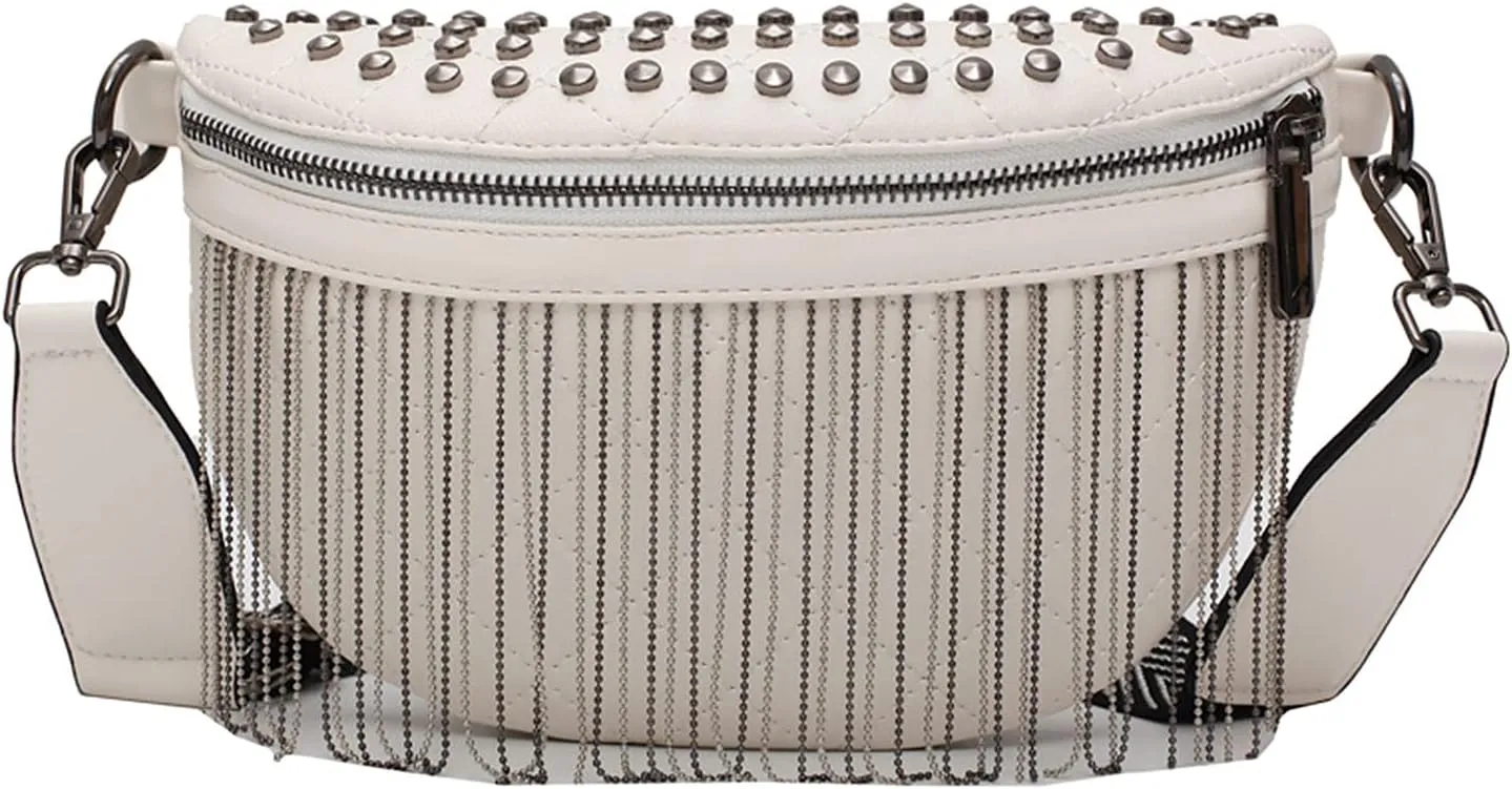 LABANCA Women Faux Leather Waist Packs Rivet Studded Zipper Pocket Shoulder Purse Rave Festival Fanny Bag Purse Chest Bag, White