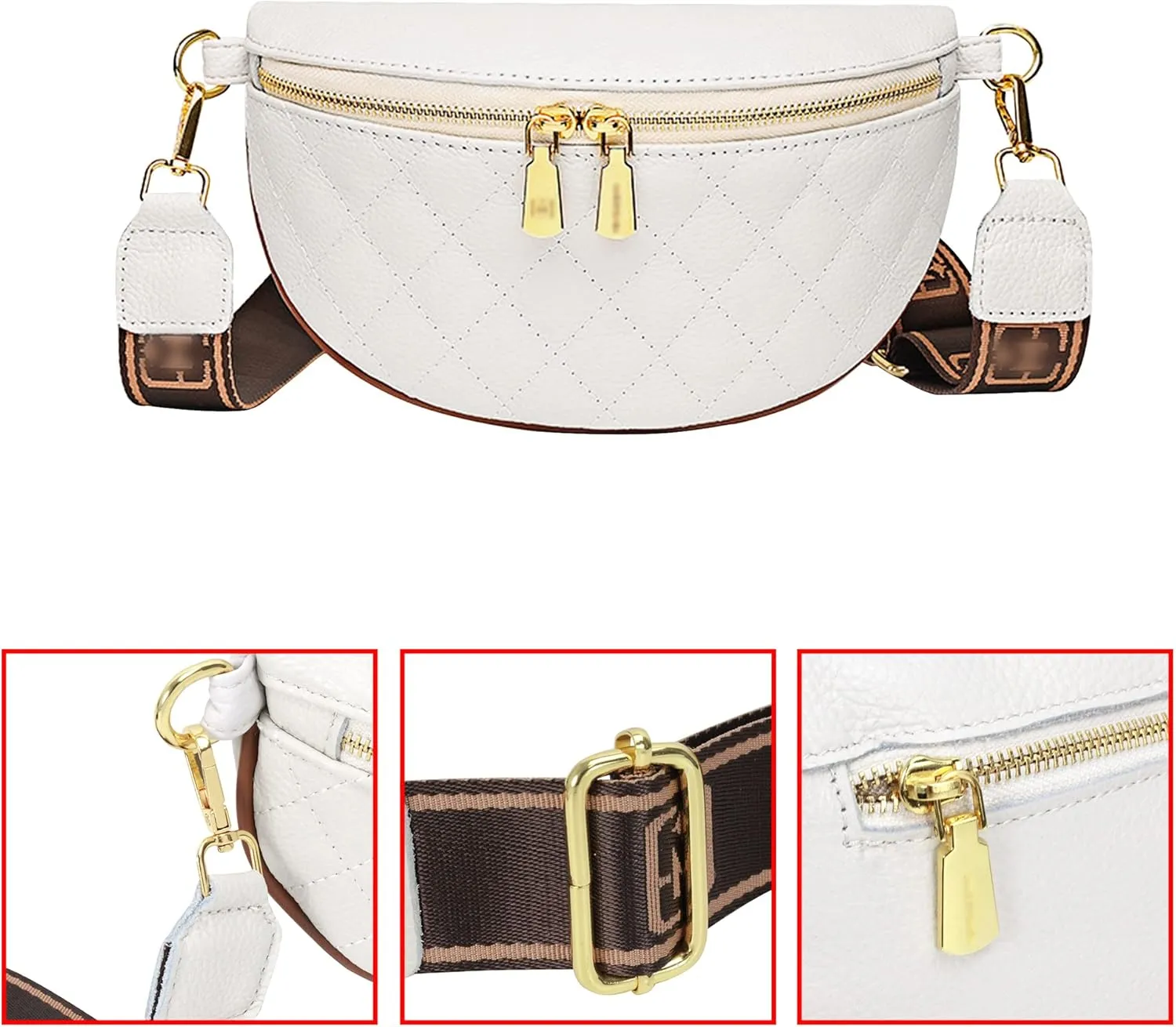 LABANCA Women Rivet Studded Zipper Pocket Shoulder Purse Faux Leather Waist Packs Rave Chest Bag Festival Fanny Bag Purse (07103 White)