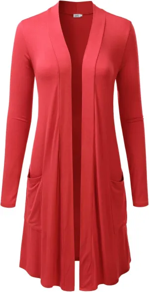 LALABEE Women's Long-Line Long Sleeve Open Front Cardigan with Pockets (S-3XL)