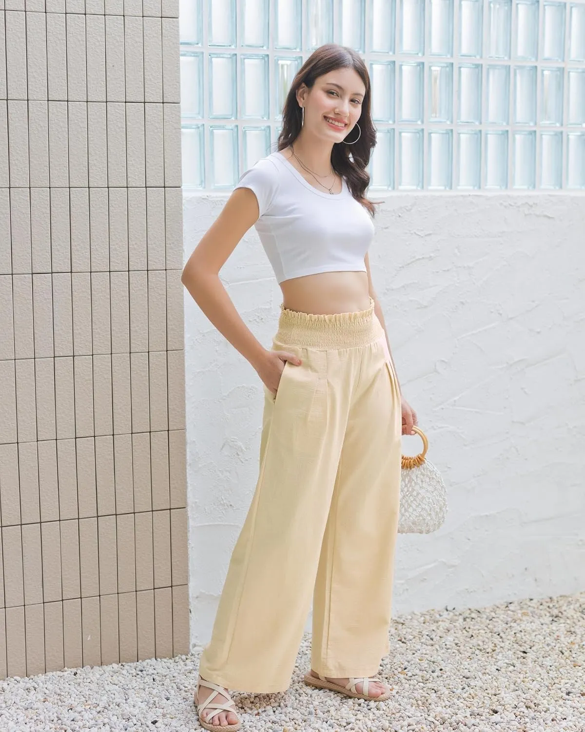 LOFBAZ Women Linen Wide Leg Palazzo Pants Flowy Casual Boho Trousers High Waist Beach Lounge Long Pant with Pockets