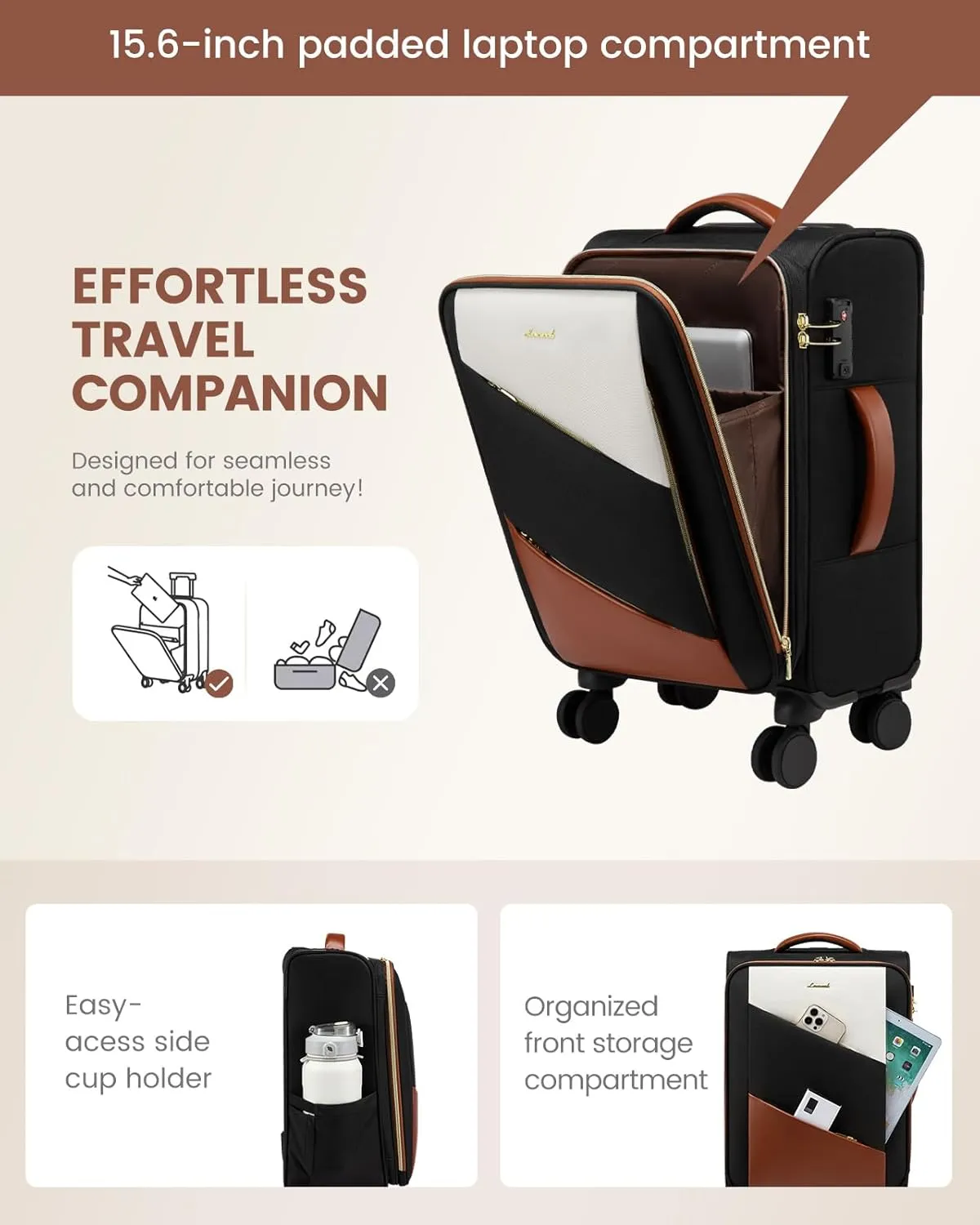 LOVEVOOK Carry On Luggage 22x14x9 Airline Approved,20 Inch Carry-on Suitcase for Women,Softside Suitcases with Wheels,Rolling Checked Luggage with TSA Lock,Lightweight Travel