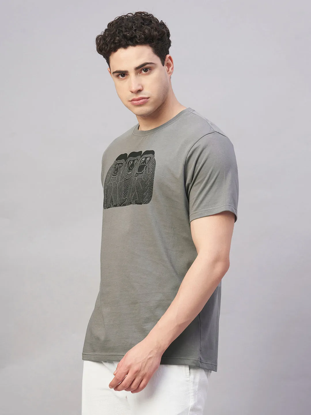 Men's Grey 100% Cotton Regular Fit Tshirt