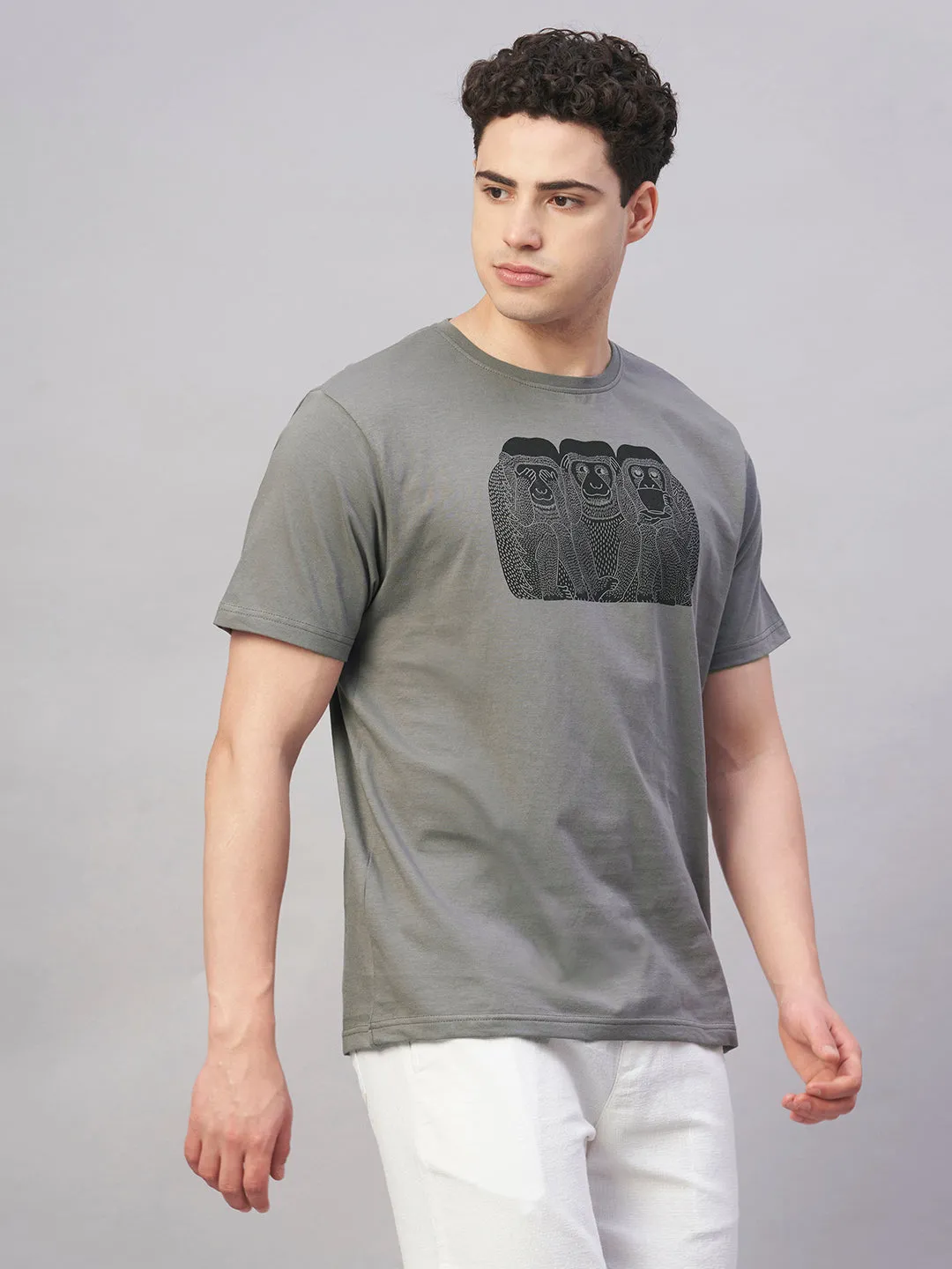 Men's Grey 100% Cotton Regular Fit Tshirt