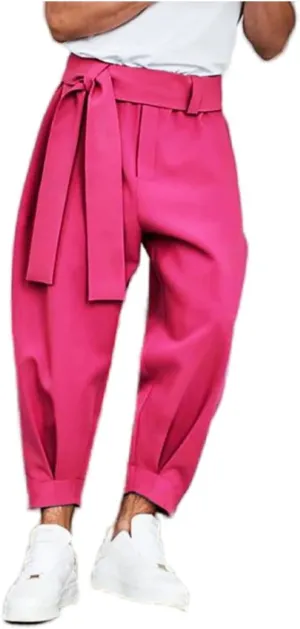 Men's Harem Cropped Pants Elastic Waist Belted Baggy Bow Tie Beach Yoga Ankle Length Trousers Casual Solid Pants