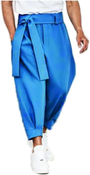 Men's Harem Cropped Pants Elastic Waist Belted Baggy Bow Tie Beach Yoga Ankle Length Trousers Casual Solid Pants