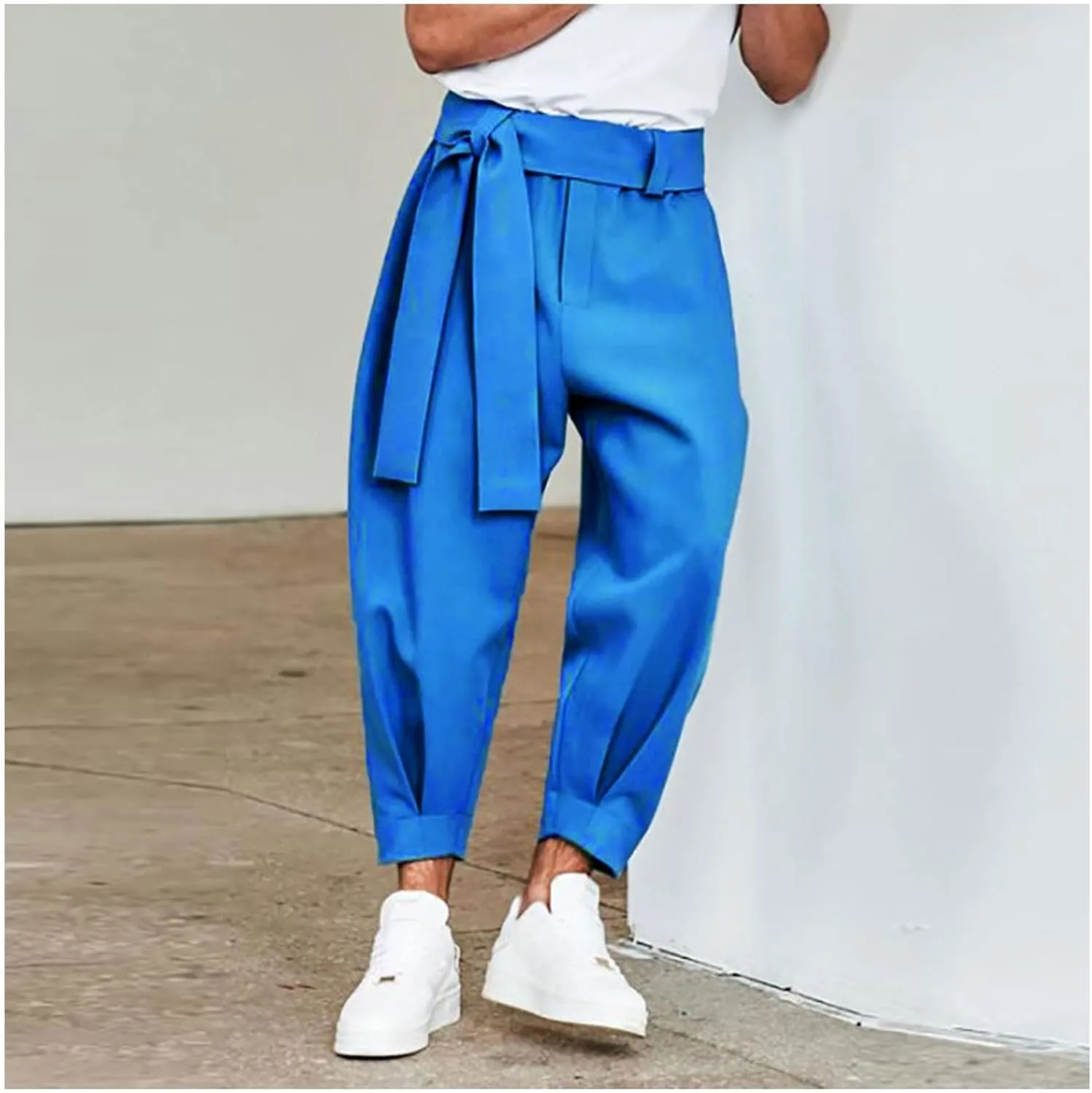 Men's Harem Cropped Pants Elastic Waist Belted Baggy Bow Tie Beach Yoga Ankle Length Trousers Casual Solid Pants