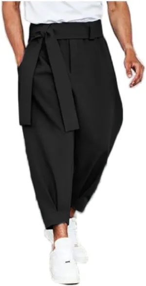 Men's Harem Cropped Pants Elastic Waist Belted Baggy Bow Tie Beach Yoga Ankle Length Trousers Casual Solid Pants
