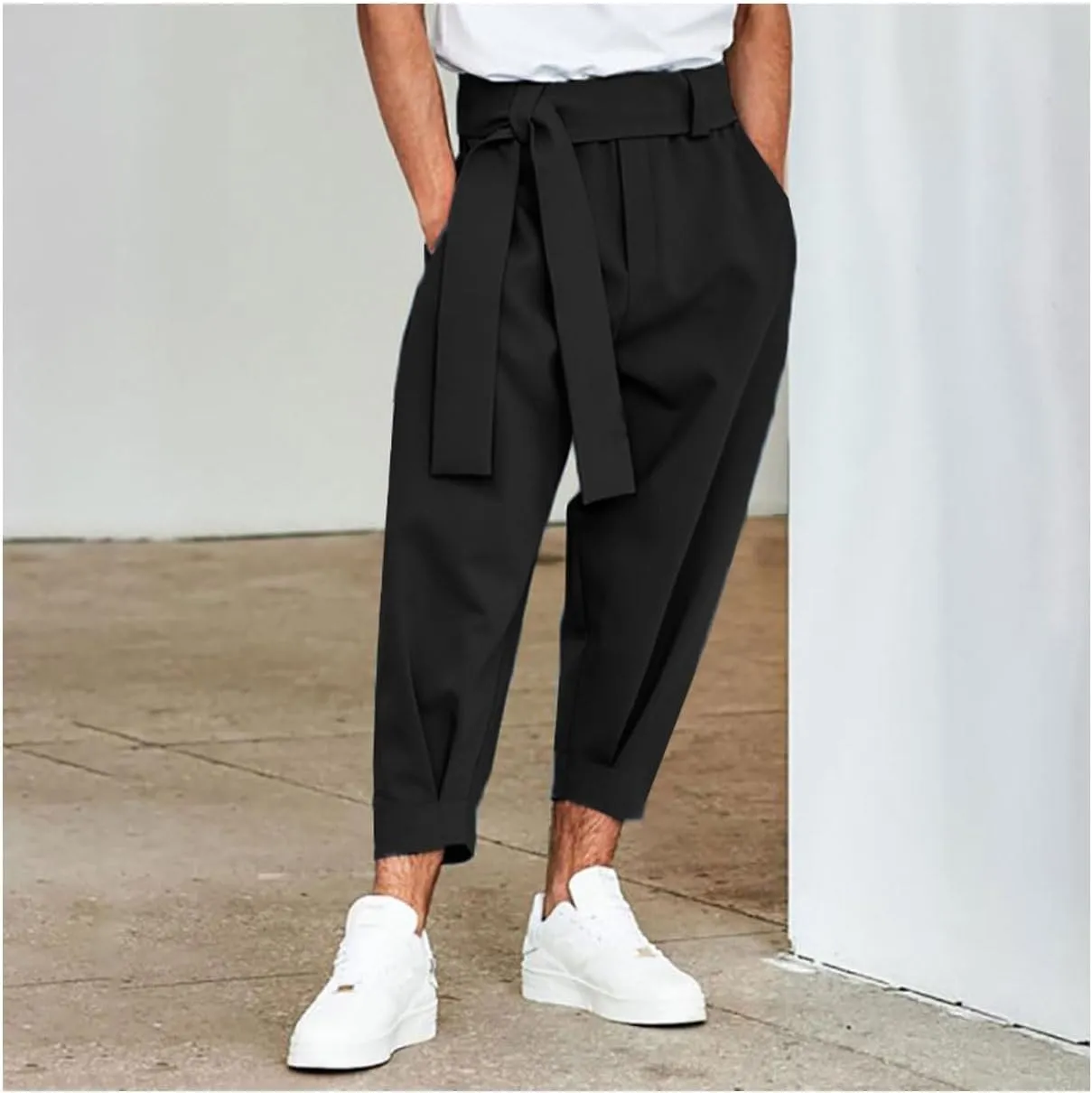 Men's Harem Cropped Pants Elastic Waist Belted Baggy Bow Tie Beach Yoga Ankle Length Trousers Casual Solid Pants