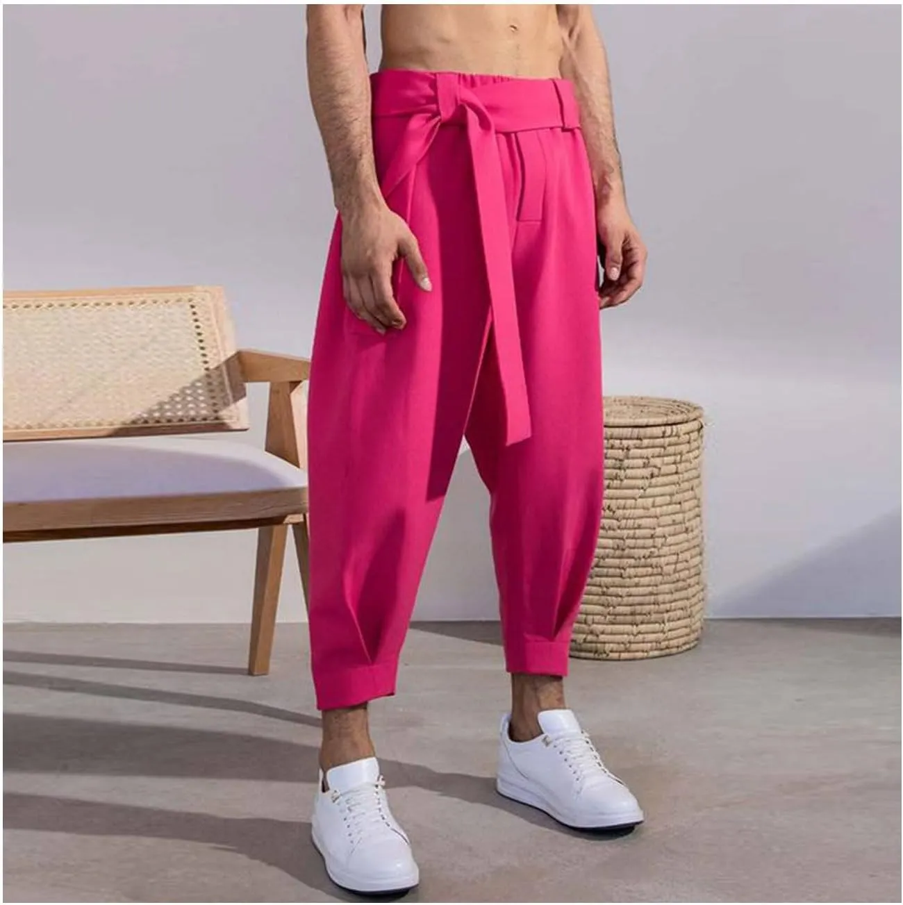 Men's Harem Cropped Pants Elastic Waist Belted Baggy Bow Tie Beach Yoga Ankle Length Trousers Casual Solid Pants