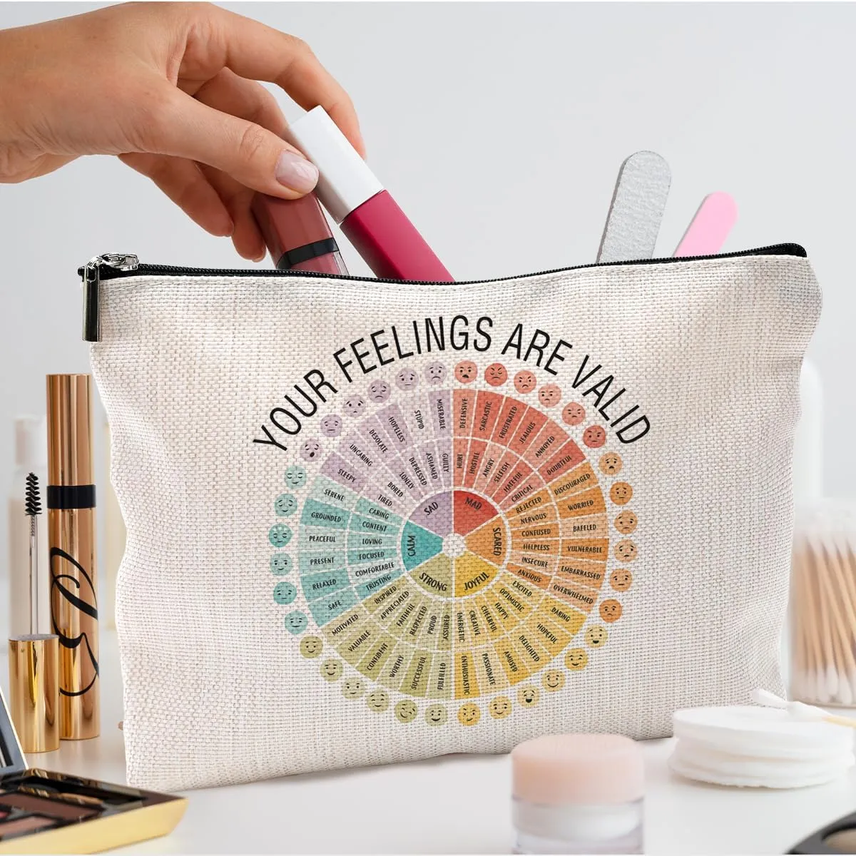 Mental Health Gifts for Women, Feelings Wheel Makeup Bag, Psychology Gifts, Mental Health Awareness Cosmetic Bags for Women, Emotions Chart Makeup Pouch