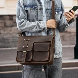 Nordic Men's Genuine Leather Messenger Bag Cowhide Messenger Bag Men's Single Shoulder Multifunctional Briefcase for Office Commute(white-Patch five-pointed star4)