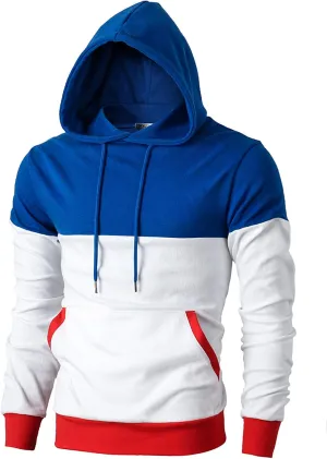 Ohoo Mens Color-Block Hooded Sweatshirt with Kangaroo Pocket Slim Fit Lightweight Pullover