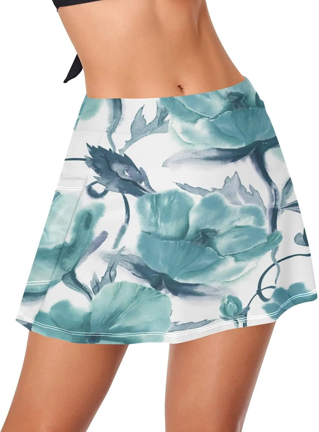 Plaaee Women's Swim Skirt Bottoms Floral Teal Turquoise Flower Swimwear Skirted Pant Bathing Suit Bottom XS