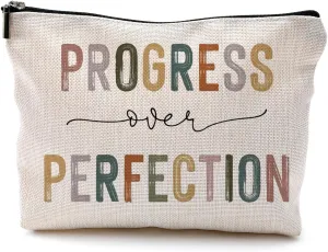 Progress Over Perfection Motivational Makeup Bag, Positive Affirmation Mental Health Cosmetic Bag, Inspirational Gifts for Women Friends, Mental Health Gifts