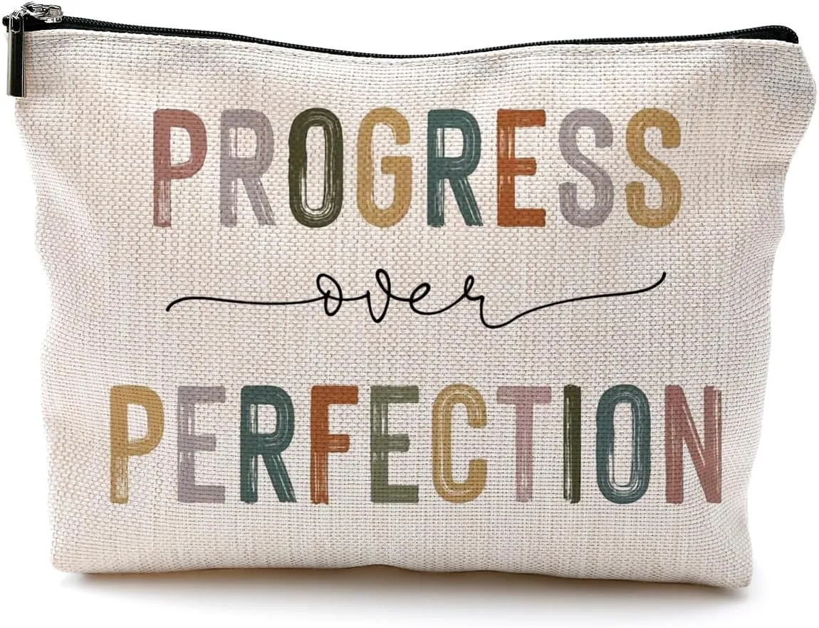 Progress Over Perfection Motivational Makeup Bag, Positive Affirmation Mental Health Cosmetic Bag, Inspirational Gifts for Women Friends, Mental Health Gifts