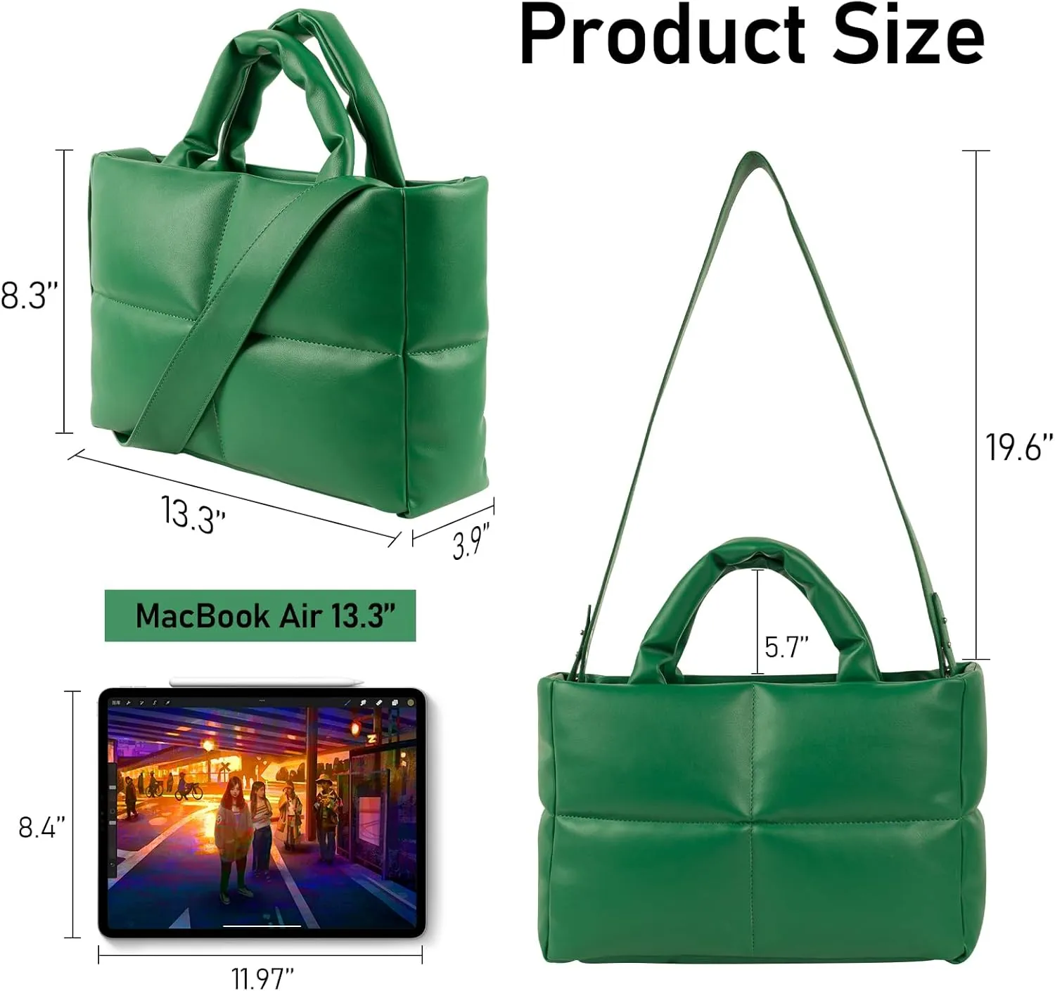 Puffer Tote Bag, Quilted Crossbody Bag with Zip, Top-Handle Shoulder Bags with Removable Strap, PU Leather Handbags for Women